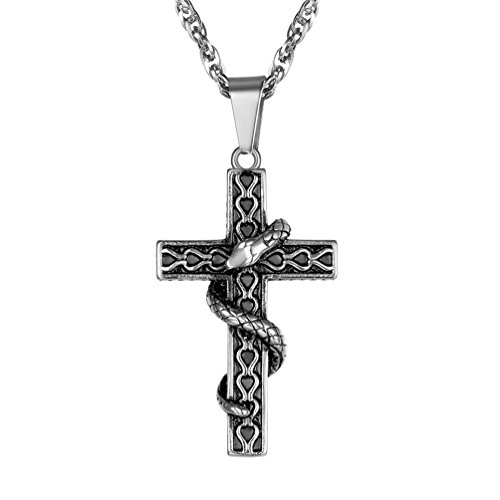 PROSTEEL Halskette Edelstahl Äskulapstab Schlangenstab Kreuz mit Schlange Anhänger Halskette Modeschmuck für Herren, Silber von PROSTEEL