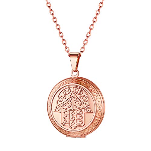 PROSTEEL Hamsa Hand Kette für Damen Rosegold vergoldet Fatimas Hand Medaillon zum Öffnen Runde Anhänger Halskette Judisch religiöser Amulett Modeschmuck für Geburtstag Weihnachten von PROSTEEL