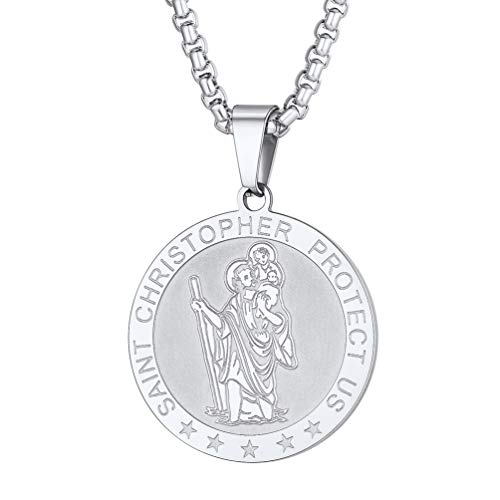 PROSTEEL Heiliger Christophorus Kette Edelstahl Runde Anhänger mit Saint Christopher Motiv Schutzpatron der Reisenden Medaille Amulett Modeschmuck für Männer Frauen von PROSTEEL