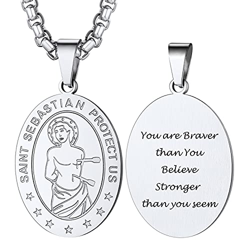 PROSTEEL Heiliger Sebastiano Kette Edelstahl personalisiert Oval Anhänger mit Saint Sebastian Motiv Schutzpatron der Sportler Medaille Amulett mit 55+5cm Kette Modeschmuck Accessoire für Männer Frauen von PROSTEEL