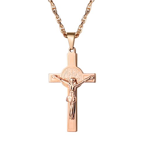 PROSTEEL Herren Halskette Rosegold vergoldet Kruzifix Kreuz Anhänger Halskette Benediktus Religiöser Männer Jungen Modeschmuck Geschenk für Weihnachten von PROSTEEL