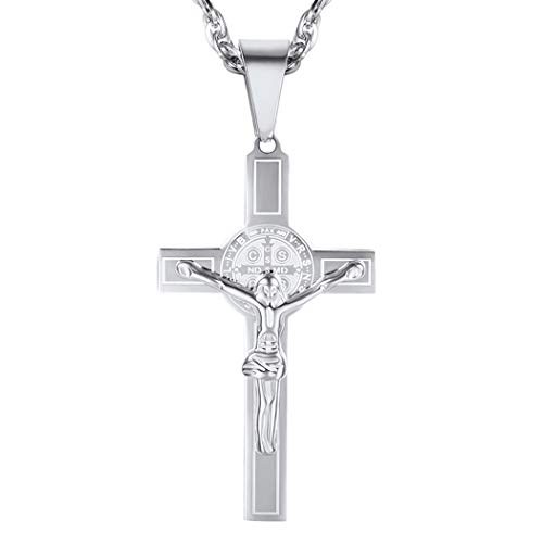 PROSTEEL Kreuz Kette Herren Edelstahl Anhänger Halskette Kruzifix Benediktuskreuz Religiöser Modeschmuck für Männer Jungen(Silber) von PROSTEEL