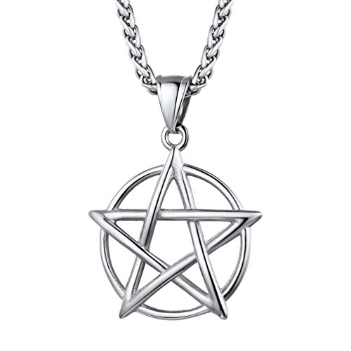 PROSTEEL Herren Edelstahl Anhänger Halskette Satan Stern mit Kreis Solomon Pentagramm mit 60cm Weizenkette Glückbringer Amulett Modeschmuck Accessoire für Männer Jungen von PROSTEEL