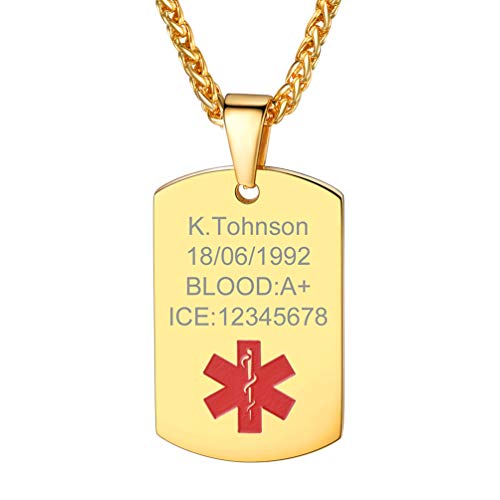 PROSTEEL Herren Halskette 60cm Kette + Medical Alert ID Dog Tag 18k vergoldet personalisiert SOS Notfall Name Texte Gravur Erkennungsmarke Schmuck Geburtstag für Männer Jungen(Gold) von PROSTEEL