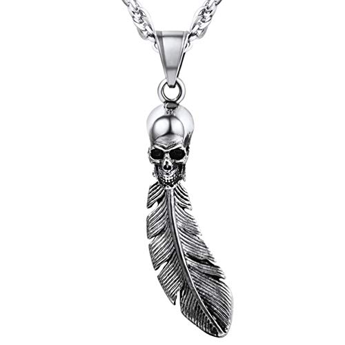 PROSTEEL Herren Halskette Edelstahl Punk Stil Feder Totenkopf Schädel Anhänger mit Kette Hip Hop Schmuck für Herren Jungen, Silber von PROSTEEL