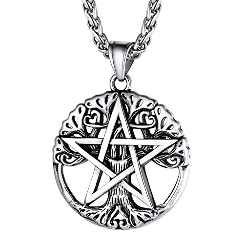 PROSTEEL Herren Kette Edelstahl Solomon Satan Pentagramm Anhänger Halskette Baum des Lebens mit 55+5cm Weizenkette Glückbringer Amulett Modeschmuck für Männer von PROSTEEL