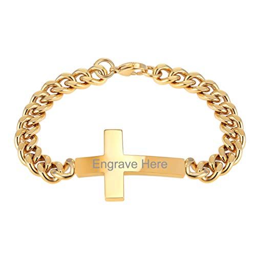 PROSTEEL Herren Panzerkette 18k vergoldet Personalisiert Kreuz Armband Name Text Gravur Religiöser Armschmuck 21cm lang Geschenk für Weihnachten Jahrestag(Gold) von PROSTEEL