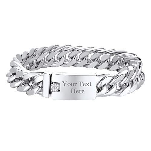 PROSTEEL Herren Panzerkette Name Texte Gravur Edelstahl 19cm Kettearmband personalisiert 16,5mm schwer Gliederkette Armband Hip Hop Rapper Stil Modeschmuck Accessoire für Männer Jungen(Silber) von PROSTEEL