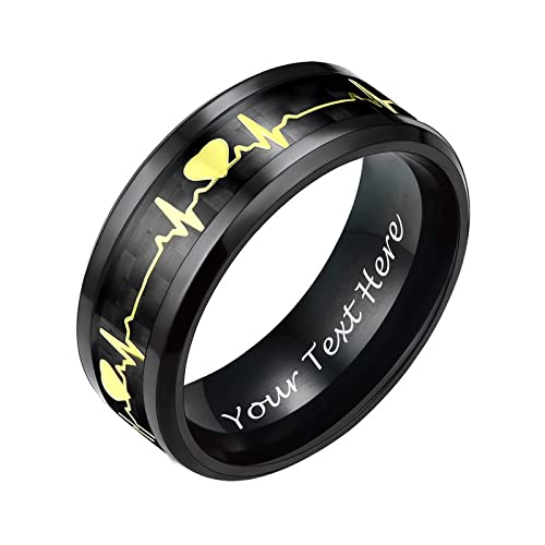 PROSTEEL Herren hochglanzpoliert Kohlefaser Ring mit EKG Herzschlag Schwarz Größe 62 personalisiert Hochzeit Verlobung Bandring 8mm breit Partnerring Trauring Modeschmuck Accessoire für Geburtstag von PROSTEEL