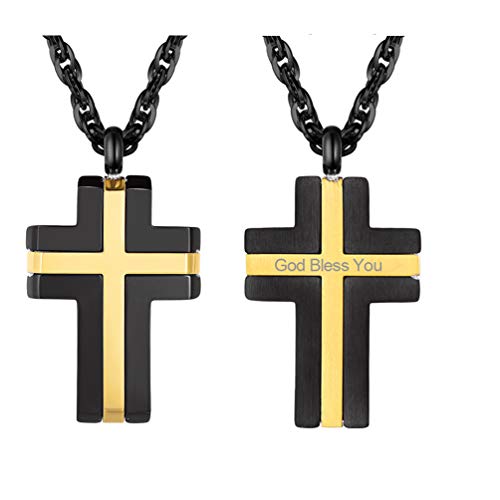 PROSTEEL Herren personalisiert Halskette Schwarz & Gold zweifarbig Kreuz Anhänger mit Name Texte Gravur Bicolor Religiöser Modeschmuck für Männer Jungen Geburtstagsgeschenk von PROSTEEL