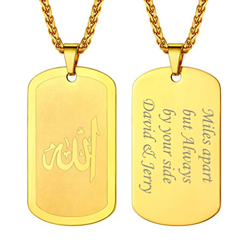 PROSTEEL Islam Kette für Männer 18k vergoldet personalisiert Erkennungsmarke mit Arabischen Schriftzeichen Allah + 60cm/3mm Weizenkette Herren Amulett Anhänger Halskette von PROSTEEL