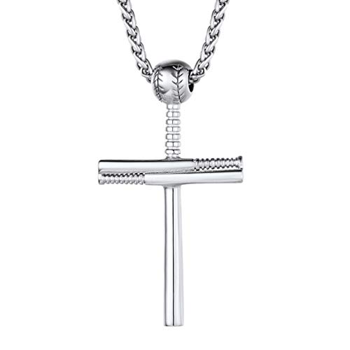 PROSTEEL Kreuz Kette Herren Edelstahl Anhänger mit Baseball & Baseballschläger 55+5cm verstellbar Singapurkette religiöser Modeschmuck für Männer Jungen Geschenk für Geburtstag von PROSTEEL