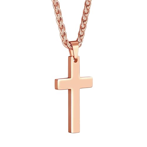 PROSTEEL Kreuzanhänger Edelstahl Christlich Kreuz Halskette Minimalist Unisex Halskette für Männer Frauen Jungen Mädchen, Rosegold-L von PROSTEEL
