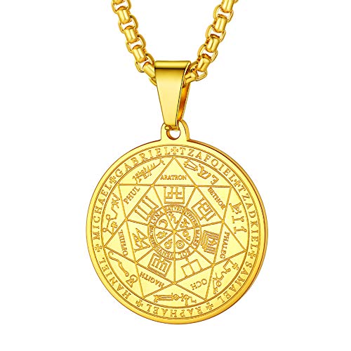 PROSTEEL Medaille Anhänger Halskette für Frauen Männer 18k vergoldet Siegel der Sieben Erzengel mit 55+5cm runde Venezianierkette Amulette religiöser Modeschmuck Accessoire von PROSTEEL