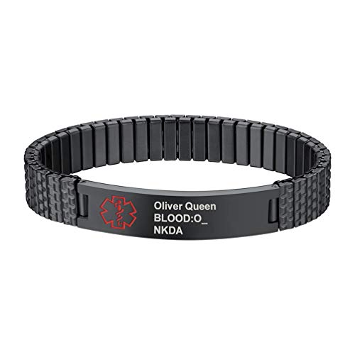 PROSTEEL Medical Alert ID Armband personalisiert Damen Herren Armband Schwarz Edelstahl 21cm Manschette Armband SOS Notfall Name Gravur Stretcharmband Schmuck Geburtstag von PROSTEEL
