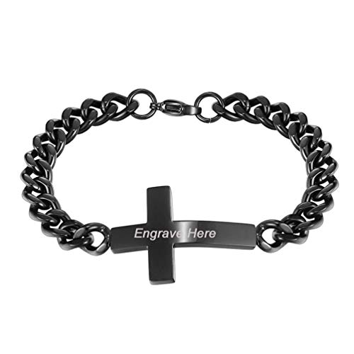 PROSTEEL Panzerkette Armband Herren Name Texte Gravur Armkette Personalisiert Kreuz Charm Armband Religiöser Schmuck Geschenk für Jungen Männer(schwarz) von PROSTEEL