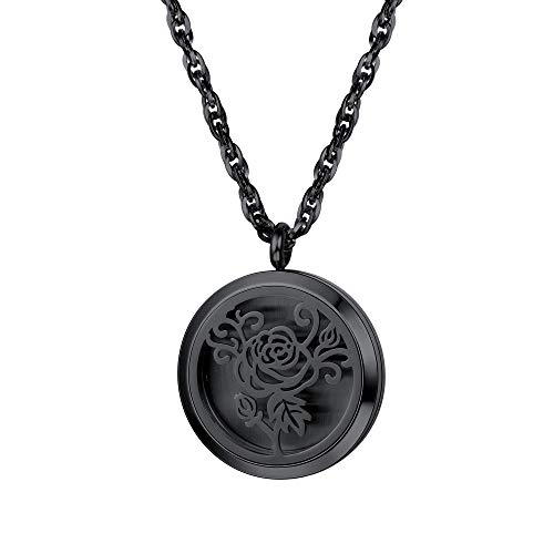 PROSTEEL Parfüm Anhänger Halskette Schwarz Edelstahl Damen Herren Hohl Rose Blume Medaillon Name Texte Grauvr Ätherische Öle Diffusor Floating Locket mit Kette Schmuck Aromatherapie Zubehör mit 8 Pads von PROSTEEL