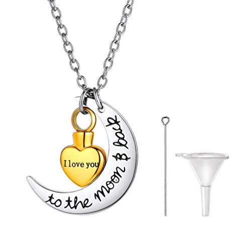PROSTEEL Silber Mond und Gold Herz Anhänger Halskette Edelstahl Damen Collier Memorial Asche Urne Kette 50+5cm Rolokette Erinnerung Andenken Modeschmuck Accessoire von PROSTEEL