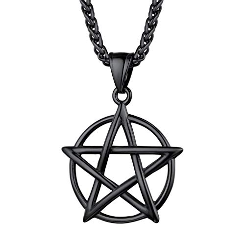 PROSTEEL Stern Anhänger Halskette schwarz Satan Solomon Pentagramm Glückbringer Amulett mit 55+5cm Weizenkette für Männer Jungen religiöser Modeschmuck für Weihnachten Geburtstag von PROSTEEL