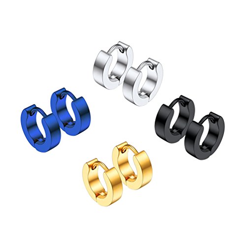 PROSTEEL Unisex Ohrschmuck Edelstahl Huggie Creolen Klappcreolen Ohrringe 3mm Breit Ohr Piercing Zubehören Gold Silber Schwarz Blau 4 Farben(4 Paar-Set) von PROSTEEL