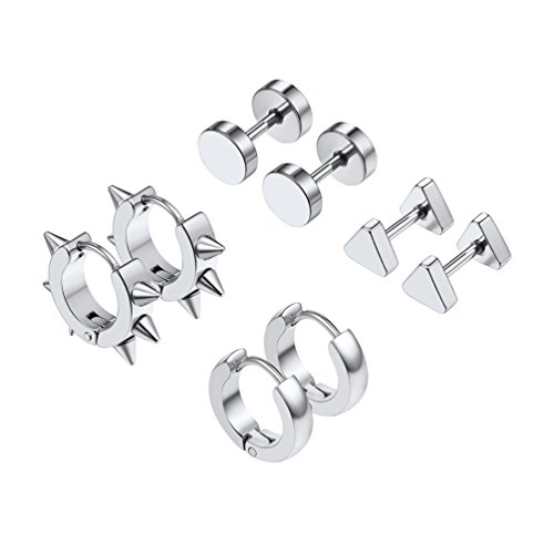 PROSTEEL Unisex Ohrschmuck Edelstahl Creolen Stud Ohrringe Ohr Piercing Zubehören Tunnel/Dreieck Ohrringe Silber(4 Paar-Set) von PROSTEEL