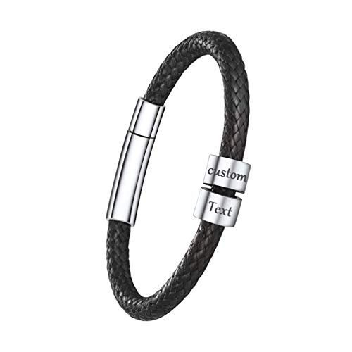 PROSTEEL geflochtenes Armband für Damen Mädchen 18cm schwarz Kordelkette Armband mit 2 personalisiert Beads Kunstleder Armband Namen Gravur Schmuck für Ehepaar Liebespaar von PROSTEEL