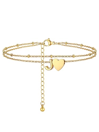 PROSTEEL goldene Fußkette Damen, Buchstabe J Fußkettchen mit Herz, Doppelte Strand Fusskette für Frauen von PROSTEEL