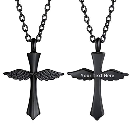 PROSTEEL personalisiert Kreuz Anhänger Halskette Engelsflügel Andenken Urne mit 50+5cm Rolokette schwarz Edelstahl Damen Herren Erinnerung Schmuck Accessoire für Kremation Asche von PROSTEEL