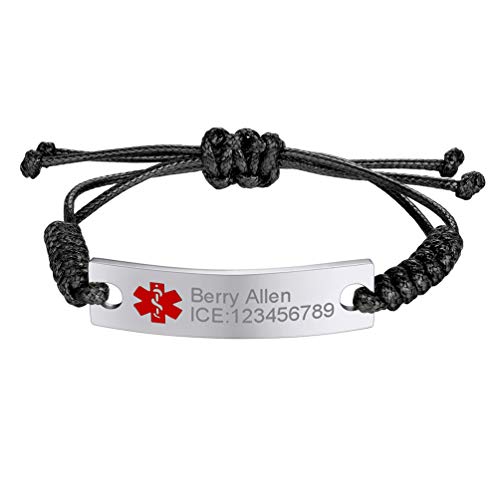PROSTEEL personalisiert Medical Alert Armband Nylon Geflochtenen Surferarmband Edelstahl ID Platte SOS Notfall Name Texte Gravur Armschmuck Geburtstag für Männer Frauen(Silber) von PROSTEEL