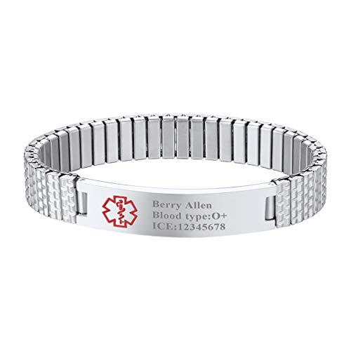 PROSTEEL personalisiert Medical Alert ID Armband verstellbar Manschette Armband Edelstahl 21cm/12mm Stretcharmband SOS Notfall Gravur Schmuck Geburtstag für Männer Frauen(Silber) von PROSTEEL