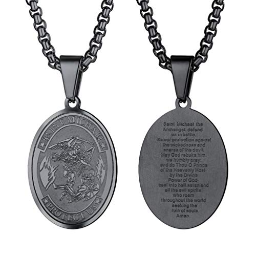 PROSTEEL religiöse Halskette Herren schwarz Edelstahl Heilige Michael Anhänger mit 55cm Ankerkette Oval Erzengel Gebeten Medaille Modeschmuck Geschenk für Männer Jungen von PROSTEEL