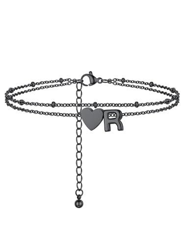 PROSTEEL wasserfeste Fußkettchen damen, Buchstabe R Fußkette mit Herz, Schwarz Herz Doppelte Fusskette für Frauen von PROSTEEL