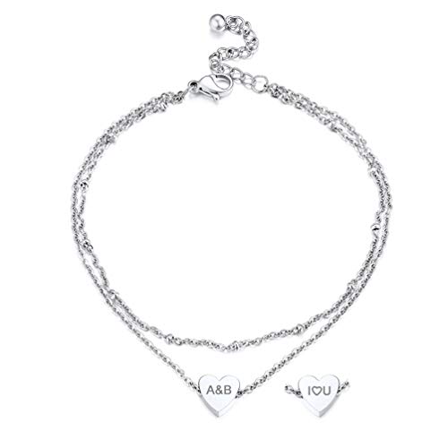 PROSTEEL zweilagige Fußkette 22+5cm Damen personalisiert Herz Charm Fußkettchen verstellbar Fußband Armband Name Gravur Sommer Strand Schmuck Accessoire für Frauen Mädchen von PROSTEEL