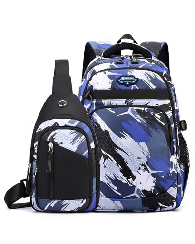 PROTAURI Jungen Schulrucksack Teenager Kinder Leichtgewichtige Büchertasche Set mit Umhängetasche Crossbody Bag für Mittelstufe und Reisen Klasse 3-9 von PROTAURI