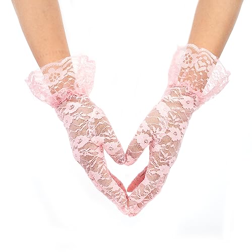 1 Pair Pink Spitzen handschuhe Lace Handschuhe Tüll Handschuhe kurze Braut Hochzeit, Damen Spitze Handschuhe Opera Fest Party Handschuhe 1920s Handschuhe für Hochzeit Retro Tanzball Cocktail Party von PROUSKY