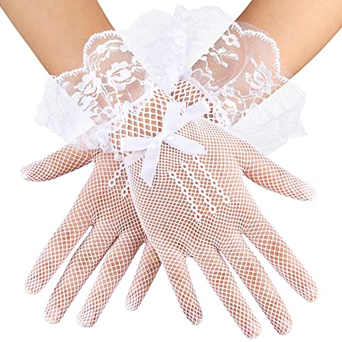 PROUSKY Spitzenhandschuhe Lace Tüll Handschuhe, Fishnet Kurze Braut Hochzeit Damen Spitze Handschuhe Opera Fest Party Handschuhe 1920s Handschuhe Hochzeit Tanzball, Cocktail Party, 9 * 25 cm, Weiß von PROUSKY