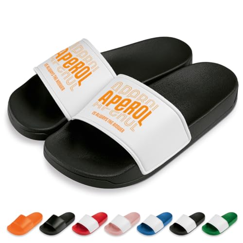 PROZEN E MOMEN E Aperol is Always The Answer Badelatschen | Slipper | Schlappen | Hausschuhe | Pantoletten | Unisex | Malle | Geschenkidee | rutschfest | Schwarz/Weiß | Größe 46 von PROZEN E MOMEN E