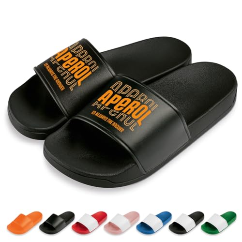 PROZEN E MOMEN E Aperol is Always The Answer Badelatschen | Slipper | Schlappen | Hausschuhe | Pantoletten | Unisex | Malle | Geschenkidee | rutschfest | Schwarz | Größe 38 von PROZEN E MOMEN E