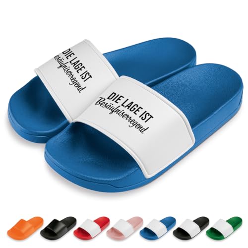 PROZEN E MOMEN E Die Lage ist besäufniserregend Badelatschen | Slipper | Schlappen | Hausschuhe | Pantoletten | Unisex | Malle | Party | rutschfest | Blau | Größe 42 von PROZEN E MOMEN E