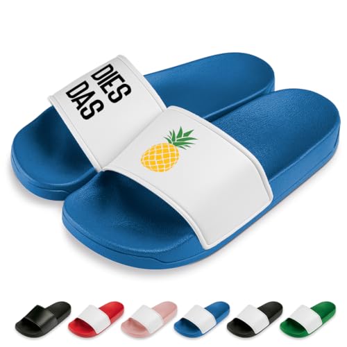 PROZEN E MOMEN E Dies Das Ananas | Slipper | Badelatschen | Hausschuhe | Pantoletten | Unisex | Urlaub | Malle | Geschenkidee | rutschfest | Blau | Größe 41 von PROZEN E MOMEN E