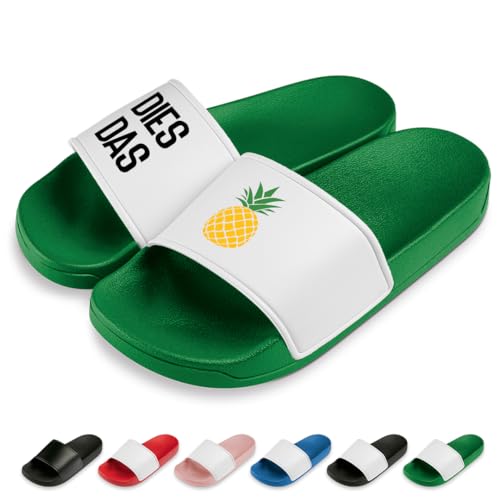 Dies Das Ananas | Slipper | Badelatschen | Hausschuhe | Pantoletten | Unisex | Urlaub | Malle | Geschenkidee | rutschfest | Grün | Größe 45 von Prozente Momente