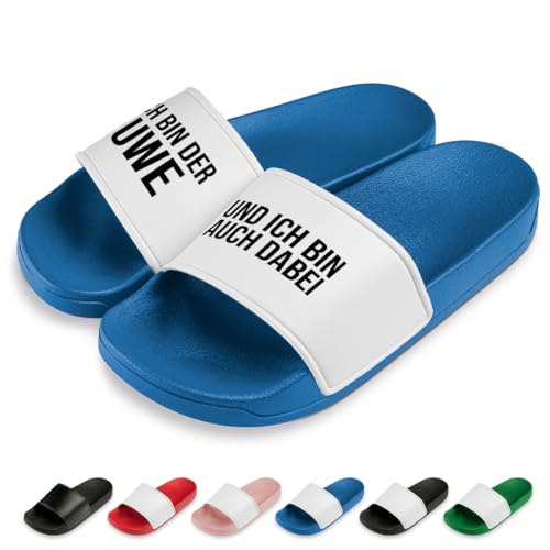 Ich Bin auch dabei! Badelatschen | Personalisiert | Schlappen | Hausschuhe | Pantoletten | Unisex | Urlaub | Malle | JGA | rutschfest | Blau | Größe 43 von Prozente Momente