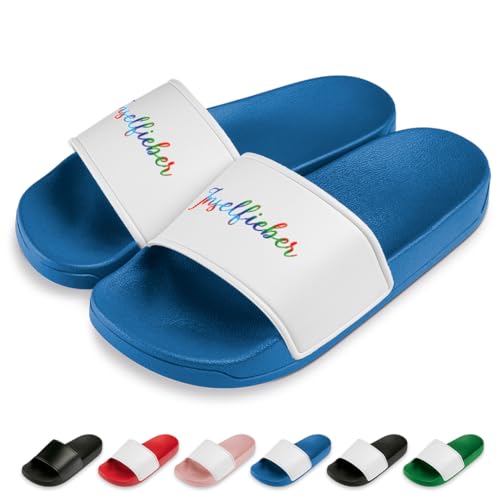 PROZEN E MOMEN E Inselfieber Badelatschen | Slipper | Schlappen | Hausschuhe | Pantoletten | Unisex | Malle | Urlaub | Geschenkidee | rutschfest | Blau | Größe 42 von PROZEN E MOMEN E