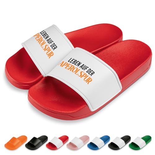 Leben auf der Aperolspur Badelatschen | Slipper | Schlappen | Hausschuhe | Pantoletten | Unisex | Malle | lustige Sprüche | Geschenkidee | rutschfest | Rot | Größe 37 von Prozente Momente