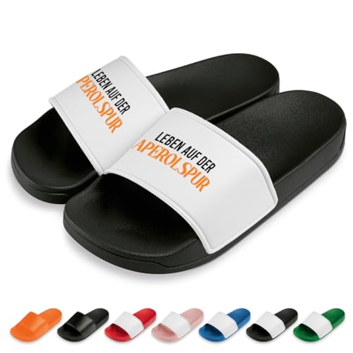 PROZEN E MOMEN E Leben auf der Aperolspur Badelatschen | Slipper | Schlappen | Hausschuhe | Pantoletten | Unisex | Malle | lustige Sprüche | Geschenkidee | rutschfest | Schwarz/Weiß | Größe 46 von PROZEN E MOMEN E