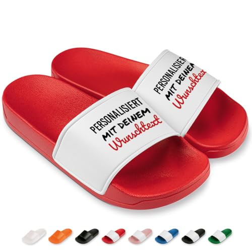 Badelatschen personalisiert mit Wunschtext oder Text – Individuelle Badeschuhe für Damen & Herren – Pantoletten für Strand, Pool & Zuhause – Perfekt für Sport & Freizeit | Rot | Größe 43 von Prozente Momente