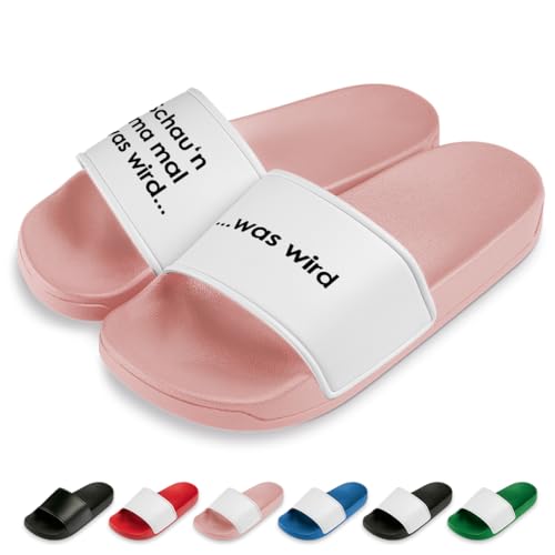 Schaun ma mal was Wird Badelatschen | Slipper | Schlappen | Hausschuhe | Pantoletten | Unisex | Urlaub | Malle | JGA | rutschfest | Rosa | Größe 36 von Prozente Momente