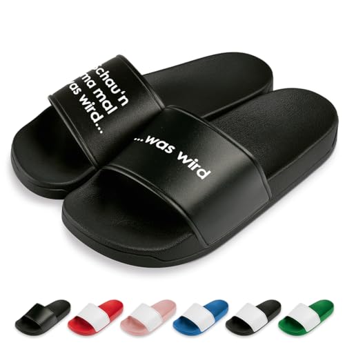 Schaun ma mal was Wird Badelatschen | Slipper | Schlappen | Hausschuhe | Pantoletten | Unisex | Urlaub | Malle | JGA | rutschfest | Schwarz | Größe 45 von Prozente Momente
