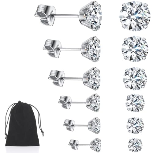 6 Paar Edelstahl Klare Zirkonia Ohrringe Set,3 4 5 6 7 8mm Ohrringe Damen,Helix Piercing Knorpel Ohrringe,Hypoallergen Knorpelohrringe Ohrpiercing für Damen von PRUOAVY