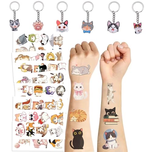 PRXYVLQT Katzen Schlüsselanhänger &Temporäre Tattoo Sticker Set,enthalten10 Blätter Hautfreundlich Kindertattoos und 6-teiligen Katzen-Schlüsselanhänger, Teenager &Katzenliebhaber Party Geschenke von PRXYVLQT